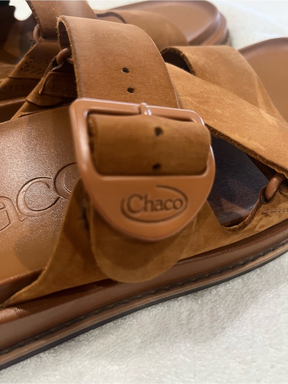 Chaco Tan Suede Crossband Slide Sandals - Picture 4 of 7